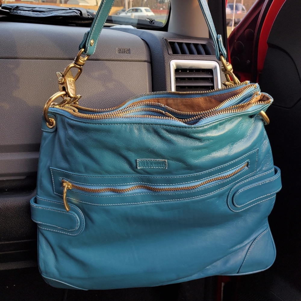Alex Wek teal leather tote Bag